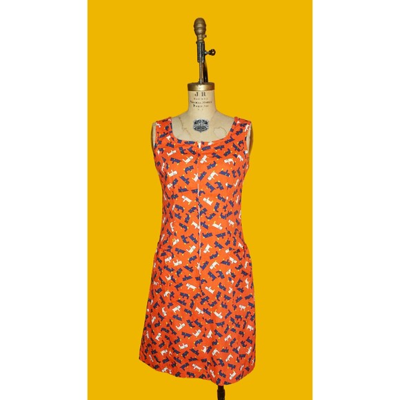 1960s KAY WHITNEY DOG Print Front Zipper Cotton Dress W/Hip Pockets. Small - Picture 2 of 10